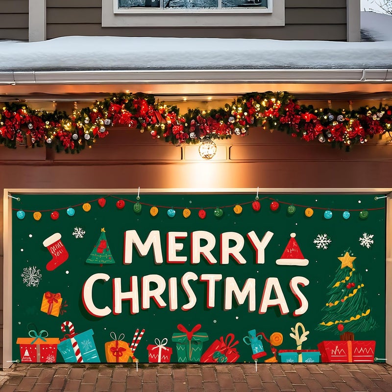 ANNA QUEEN Merry Christmas Gift & Tree Garage Door Banner 6 x 13FT, Holiday Greetings Outdoor Garage Decoration for Parties Home Decor - Image 1